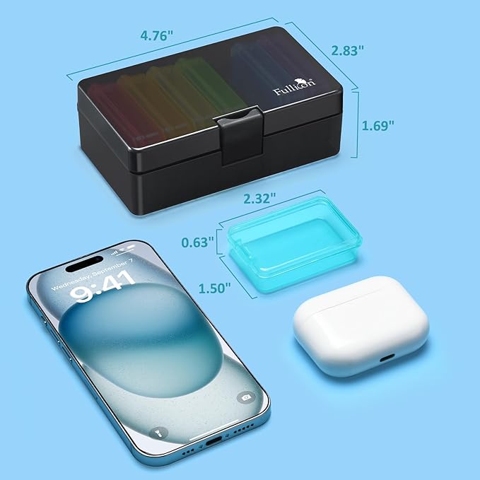 Fullicon Small Pill Case for Purse, Travel Medicine Pill Organizer, Weekly 7 Day Daily Pill Box, Pocket Pharmacy Pill Container Dispenser Holder with Labels (Black Rainbow)