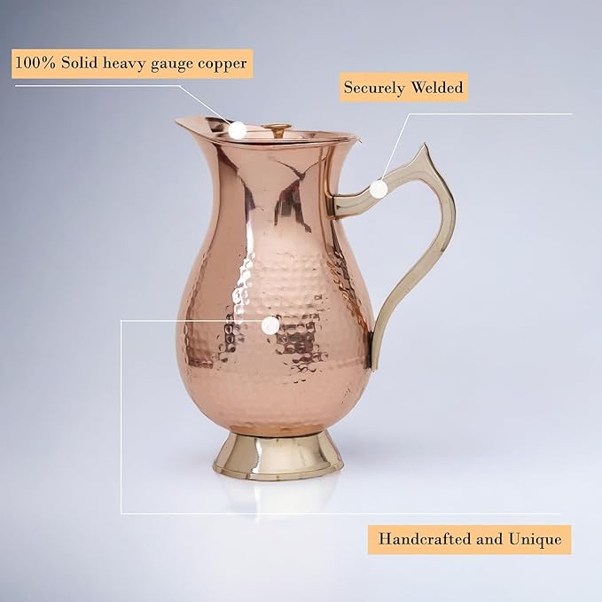 100% Pure Copper Pitcher 50.72 oz 1500 ml, Traditional Mughlai Copper Water Jug with Lid & Handle, Copper Drinking Water Pitcher for Daily Use, Ayurvedic Inspired