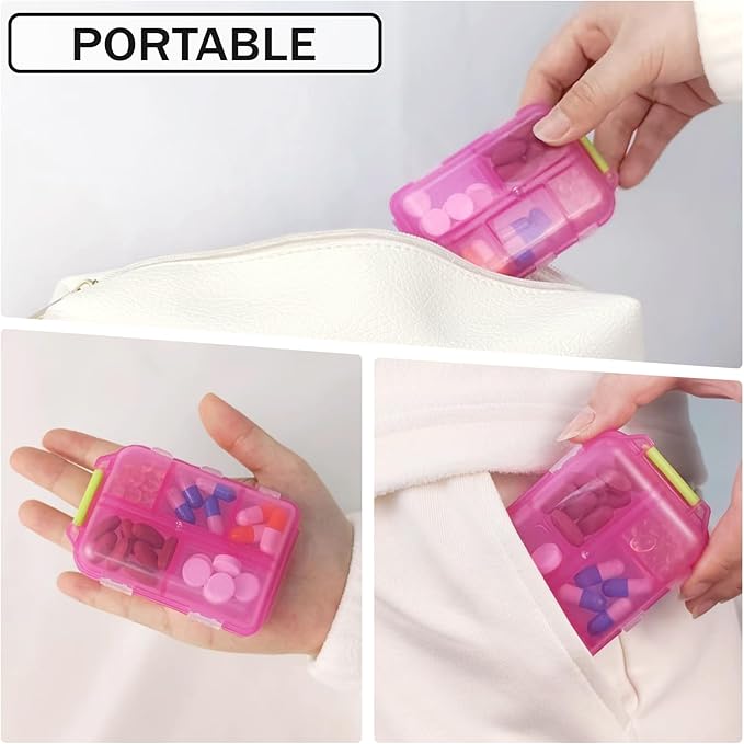 Travel Pill Organizer Portable Pocket Pill Case Small Pill Box for Purse Medicine Organizer Have 10 Compartments Storage Vitamin Fish Oil by INVODA (1PCS Pink+Lables)
