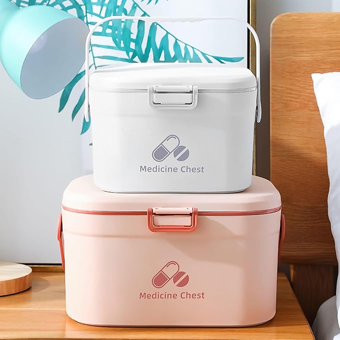Cyrank First Aid Box, Empty Medicine Box Portable Medicine Container Organizer Storage Box 2 Layer Home First Aid Box for Home Office(Pink)