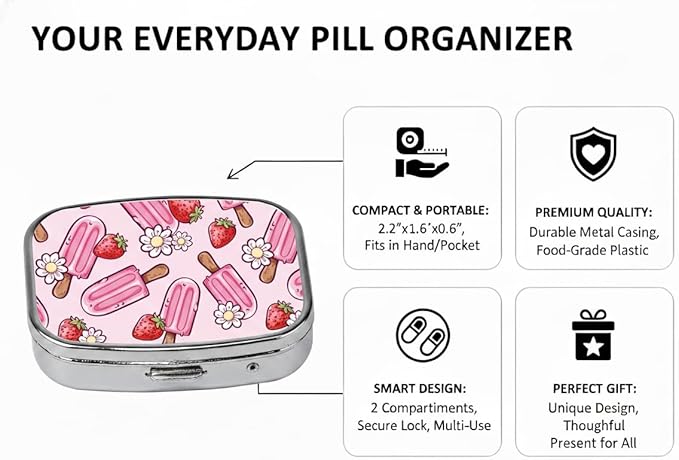 Ice Cream Pill Box 2 Compartment Small Pill Case,Portable for Pocket or Purse Pill Organizer Pill Container Holder with Mirror to Hold Vitamins, Medication, Fish Oil and Supplements