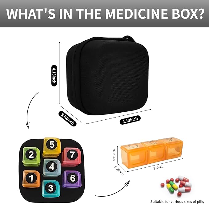 Weekly Pill Organizer, 7-Day Medicine Box with Hard Shell Case, 3 Times Daily Dosage Schedule, Plastic Rectangular Design, Includes Pill Cutter and Weekly Stickers,Black