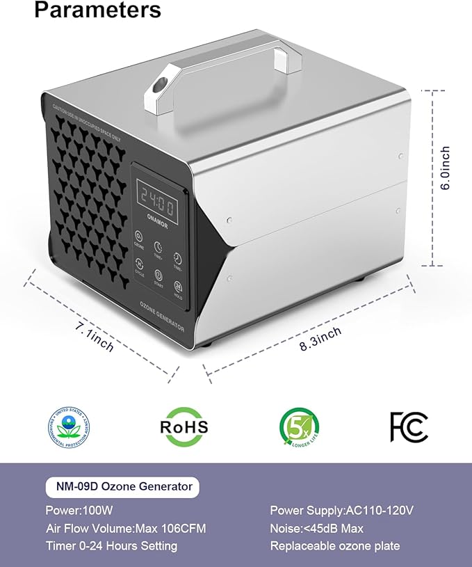 ONAMOR Digital Ozone Generator Odor Eliminator 180,000mg, High Capacity Ozone Machine Odor Removal Up to 8,000 Sq.Ft, Ozone Odor Eliminator, Ionizer Ozonator for Home, Car, Smoke, Pet Room (Sliver)