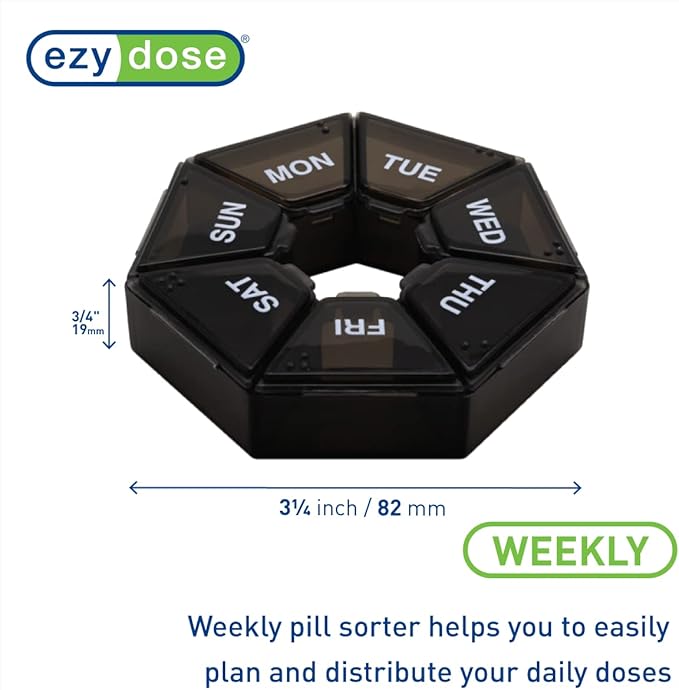 EZY DOSE 7-Day Weekly Pill Organizer, Daily Medicine Container and Vitamin Planner, Round Supplement Case, Compact, Travel Friendly, Portable Storage Sorter, 7-Sided Circle, Black, BPA Free