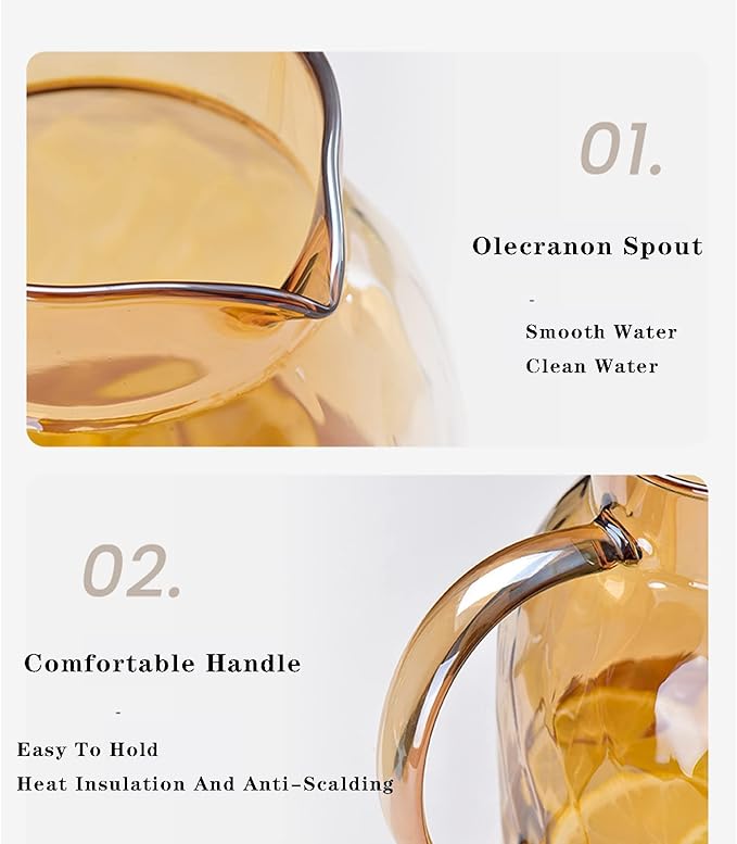 64 oz Amber Glass Pitcher with Lid and Spout Borosilicate Water Pitcher Bedside Water Carafe Vintage Glass Jug for Juice Coffee Iced Tea Hot Cold Beverage Lemonade Fridge 1.8L