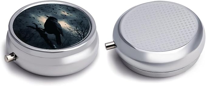 Night Crow Pill Box Travel Pill Case for Purse Pocket Weekly Medicine Organizer with Mirror 3 Compartment Round Medicine Case Portable PillcaseHolder for Daily