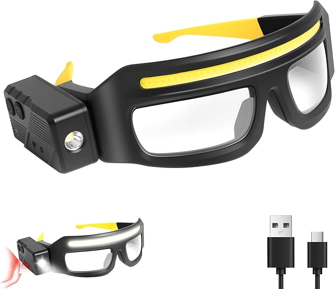 LED Rechargeable Headlight Glasses with Motion Sensor & Touch Control 5 Modes USB C Light Up Glasses Lighted Eyewear