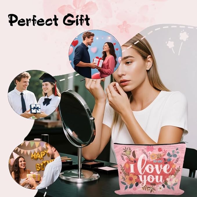 I Love You Gfts for Women Makeup Bag Valentines Day Canvas Cosmetic Bag Anniversary Toiletry Bags for Her Flower Travel Make Up Bag Pouch Birthday Gifts for Wife Girlfriend Fiancee Gf Graduation Gifts