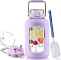 BLUEGO 100 oz Glass Water Bottle with Straw, Huge 3 Liter Water Bottle with Sturdy Handle, Glass Water Jug with Sleeve, Wide Mouth Water Container with Time Marker, Purple