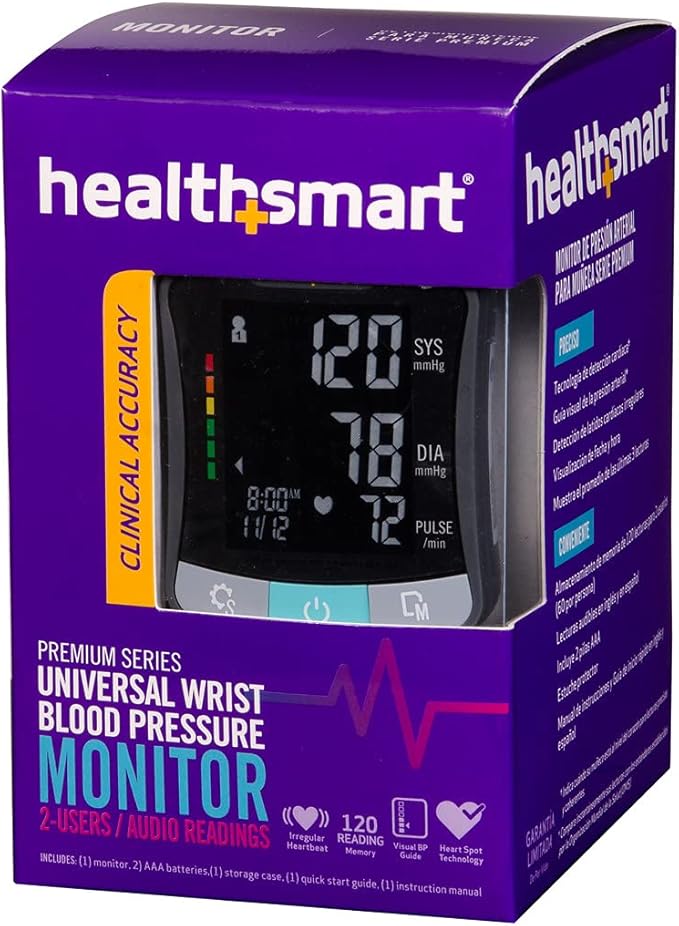 HealthSmart Digital Premium Wrist Blood Pressure Monitor with Cuff That Measures Pulse Heartbeat and High or Low BP, 120 Reading Memory Stores Up to 60 Readings for 2 Users