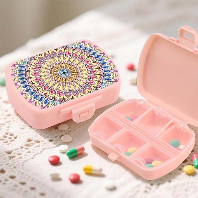 C'eitura 2pcs DIY Mandala & Bear Diamond Art Painting Pink Pill Organizer with 6 Lid Detachable Compartments, Fun DIY Craft Project for Adults, Elegant Pill Case for Purse & Travel