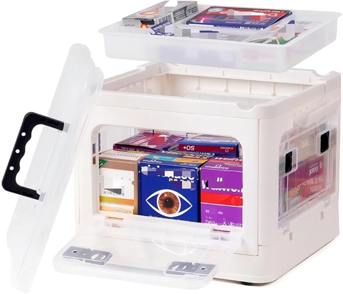 22qt Medicine Organizer Storage Box with 4-Side Opening Doors, 2 Tier Foldable Medication Organizer Empty, White Medicine Container Case Stackable First Aid Box for Home Medical Supply Storage