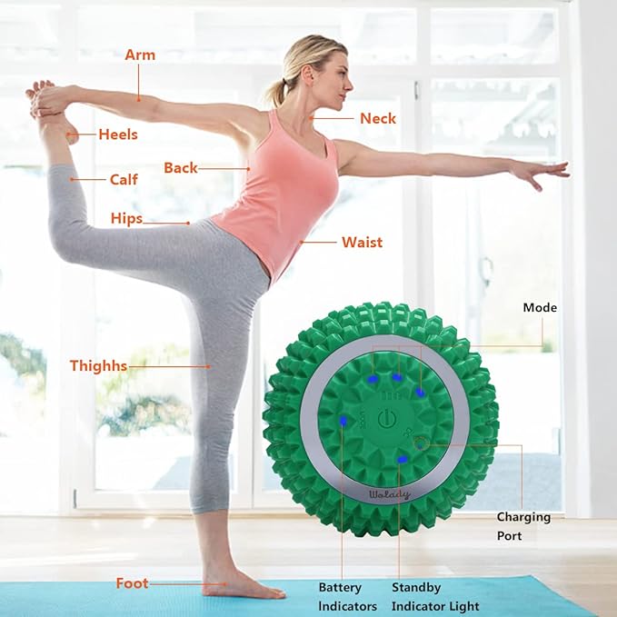 Vibrating Massage Ball 4-Speed High-Intensity Fitness Yoga Massage Roller, Relieving Muscle Tension Pain & Pressure Massaging Balls (Green)