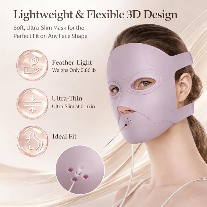 Red Light Therapy for Face, Rechargeable LED Face Mask Light Therapy, Portable Silicone Facial Mask with 4 Light Modes, Adjustable Brightness & Timer