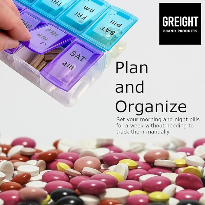 7 Day Weekly Pill AM PM Organizer - Twice a Day - Pill Case for Medicines, Vitamins, and Supplements (Pack of 2)