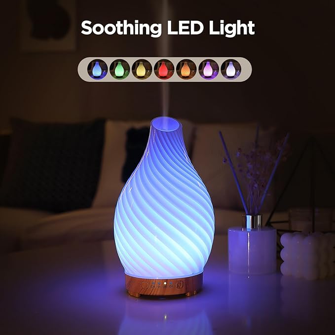 Art Glass Essential Oil Diffuser - 160ml Ultrasonic Cool Mist Scent Aroma Aromatherapy Diffuser, Intermittent with Auto Shut-Off Timer Setting &7 Colors Night Light for Home -Ethereal Time