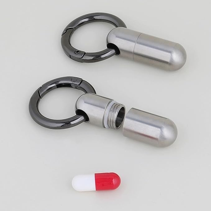 1Pcs Tiny Pill Case Keychain - Portable Micro Pill Holder for Travel, Waterproof Small Pill Box Organizer for Purse/Pocket, Emergency Medicine Container (Silver)