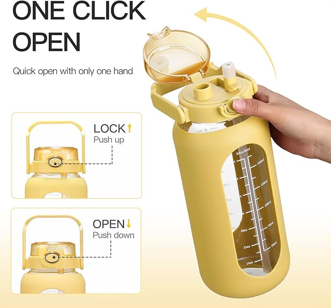 64oz Glass Water Bolttles with Straw Half Gallon Large Motivational Water Bottle with Time Marker Sports Water Bottles with Silicone Sleeve and Handle Lid Water Jug for Gym Workout
