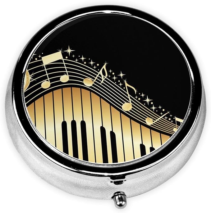 Novel Music Note Prints Custom Round Silver Pill Box Pocket Medicine Tablet Holder Organizer Case for Purse