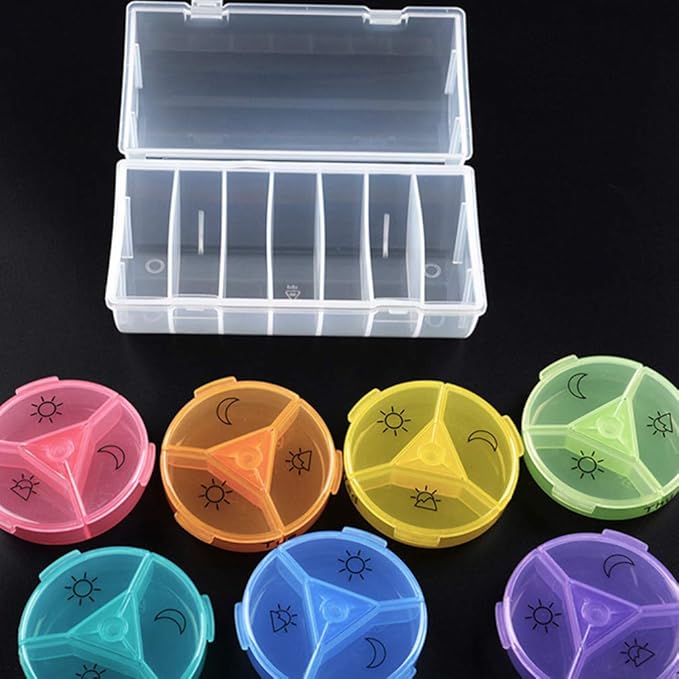 EXCEART Rainbow 21 Compartments Weekly Pill Organizer Portable Medicine Dispenser Round Vitamin Container Travel Holder for Daily Pill Storage