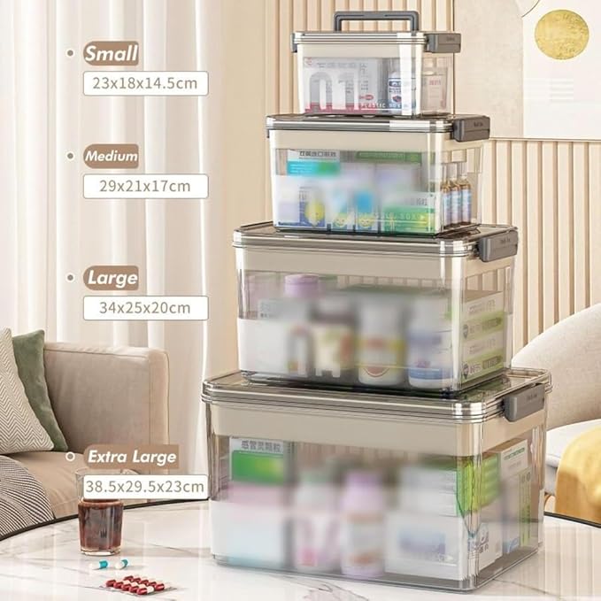 Medicine Storage Box - Pill Bottle & Medication Organizer, Transparent Multi-Compartment with Handle, Home Storage (15'L11.6'W9'H) White