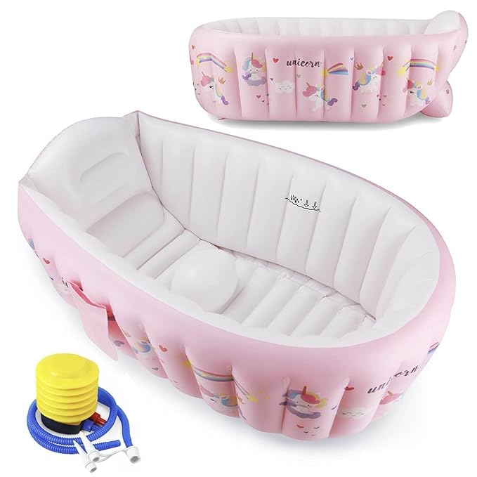 PandaEar Baby Inflatable Bathtub, Portable Travel Baby Infant Bath Tub Toddler Bathtub with Air Pump, Foldable Non-Slip Shower Basin Mini Air Swimming Pool for Newborn (Whale Blue) (Pink)