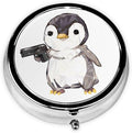 Cartoon Penguin Printed Round Travel Pill Box Cute Small Metal Pocket Pill Case for Men & Women 3 Compartment Portable Pill Organizer for Purse or Pocket