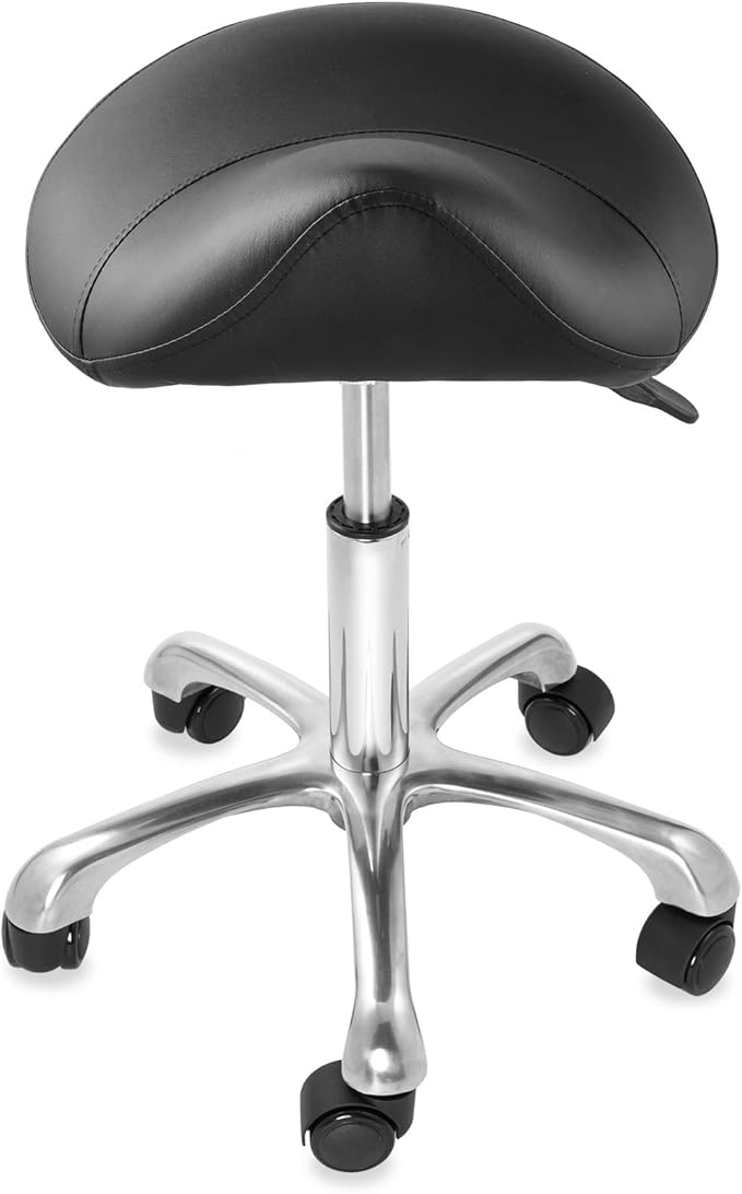 Saloniture Professional Ergonomic Saddle Stool, Black - Adjustable Hydraulic Seat, Rolling Spa Salon, Massage, and Medical Office Chair with Swivel Wheels