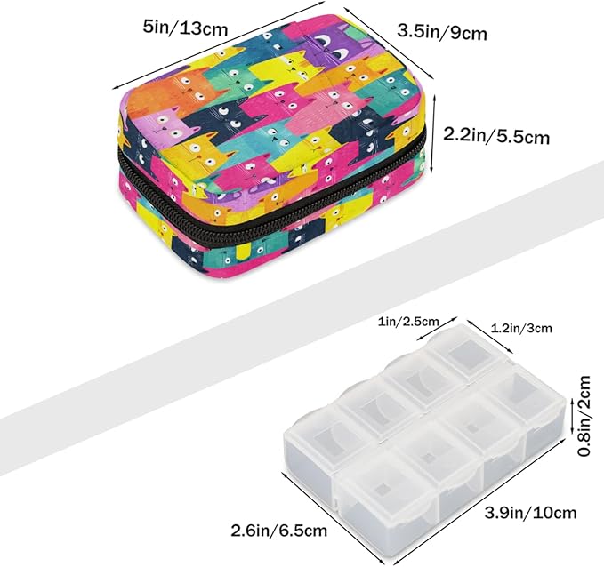 Cute Cat Colorful Pill Case Everyday Travel, 7 Day Weekly Medicine Pill Box Compact Portable Pills Bottle Organizer with Zipper for Daily Vitamin Medicine Holder Bottle Organizers Bag