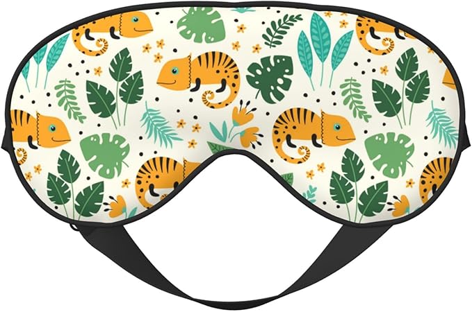 Cute Chameleons and Tropical Leaves Sleep Mask Eye Mask with Adjustable Strap Eye Sleep Shade Cover Blocks Light for Women Men Airplane Travel Nap