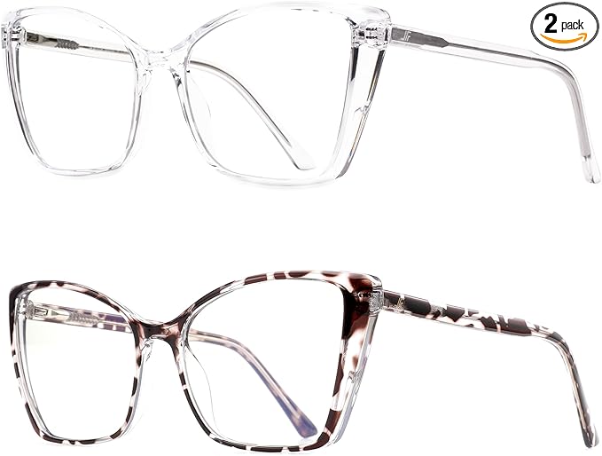 2 Pack Blue Light Blocking Glasses for Women, Oversized Trendy Cat Eye Computer Gaming Glasses Anti Glare & UV Glare RF6204 (Clear + Leopard Cateye Frame)