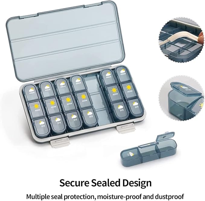 Weekly Pill Organizer,3-Times-A-Day 7 Day Pill Box Large Compartments, Removable Secured Outer Box Air Tight Travel Medicine Container for Purse, Pocket Vitamins Supplements Holder
