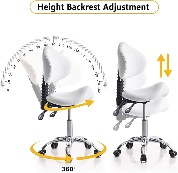 Saddle Stool Chair Rolling with Back Esthetician Chair for Nail Tech Dental Tattoo Artist Eyelash Hairdresser Hairstylist Medical Shop Ergonomic Stool Adjustable Hydraulic White