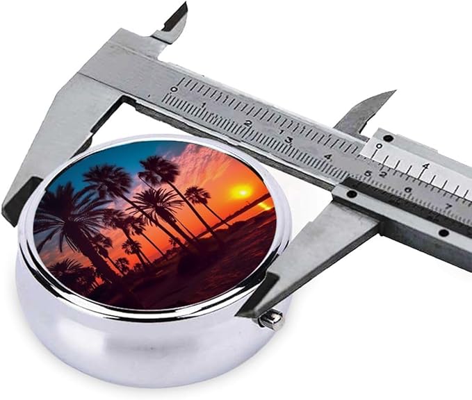 Palm Tree Sunset Pill Case 3 Compartment Pill Box Portable Metal Pill Organizer Cute Travel Pill Container Vitamin Organizer for Purse Pocket Travel Gift
