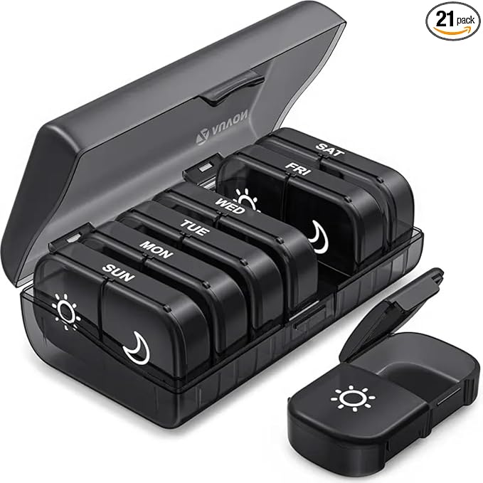 7 Day Pill Organizer, 3 Times A Day (Morning Noon Night) Weekly Pill Box with 21 Compartments, Large Capacity Portable Travel Pill Case for Vitamins & Supplements, BPA-Free Plastic (Black)