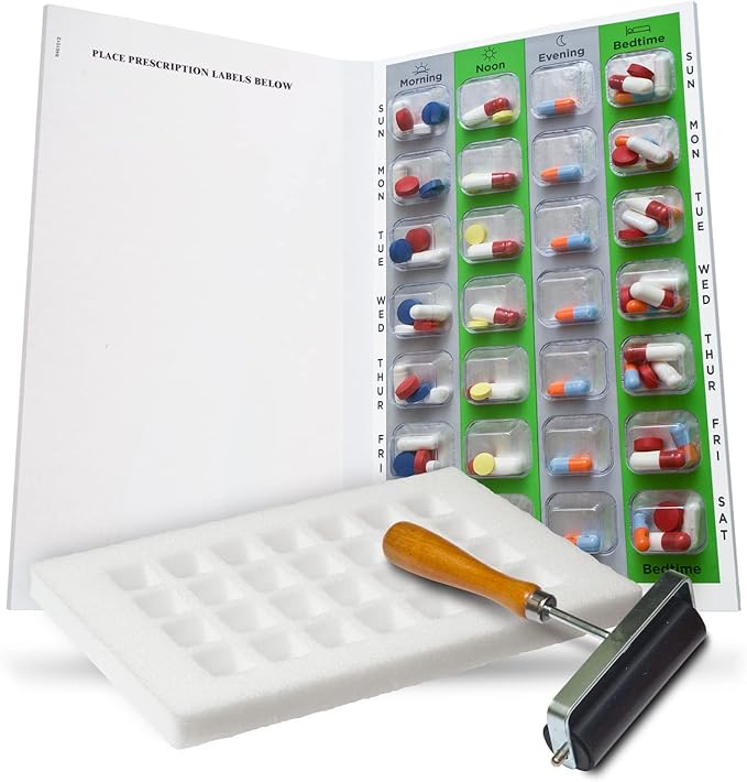 SureMed 7-Day, 4-Pass (4-doses per Day) Multi-Med Disposable Blister Card Starter Kit with 26 Cards & Blisters, Sealing Template & Roller