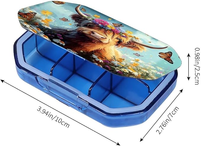 This Portable Cute Cow Among The Butterfly Flower Pattern 6 Compartment Pill Box Can Be Placed in A Pocket Or Wallet to Store Vitamins, Medicines Health Supplements Other Medications.