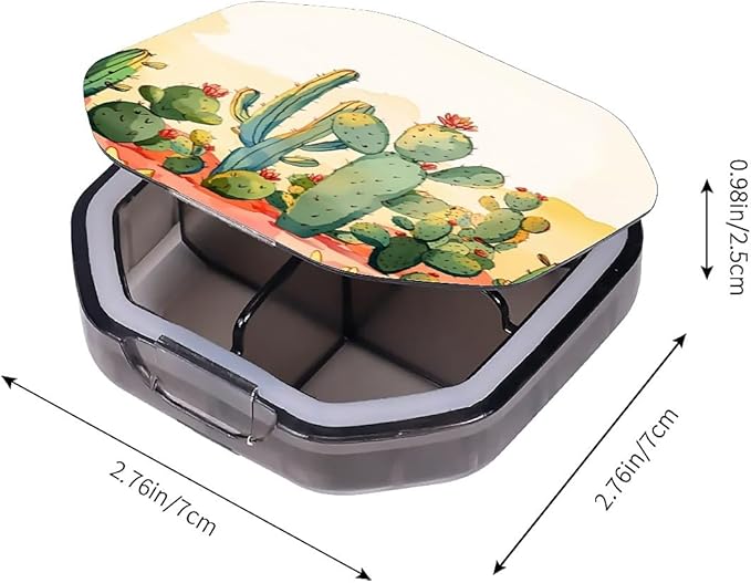 This Portable Cacti in The Desert Pattern 4 Compartment Pill Box Can Be Placed in A Pocket Or Wallet to Store Vitamins, Medicines Health Supplements Other Medications.