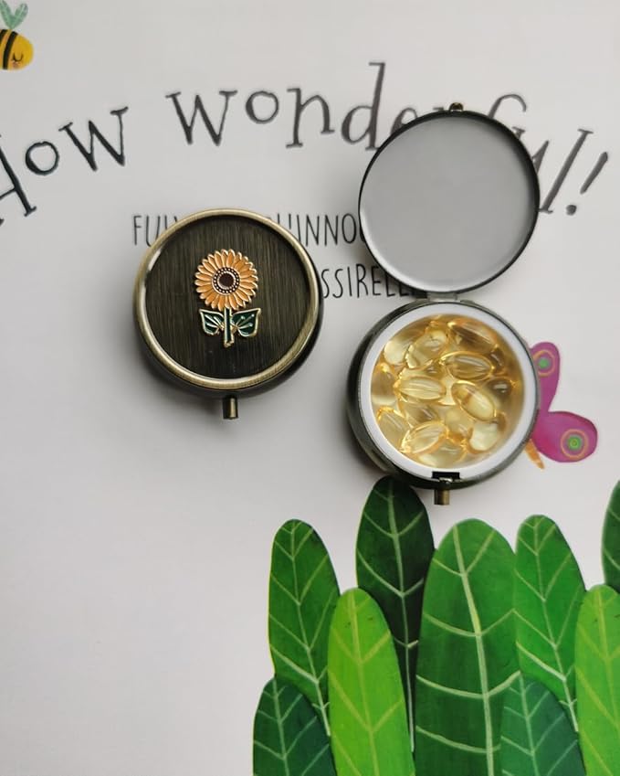 Sunflower Travel Pill Box Organizer - Cute Daily Medicine Pill Box for Purse, Round Vintage Vitamin Pill Organizer for Pocket,Bronze Metal Pill Case Portable Pill Holder Storage (Sunflower)
