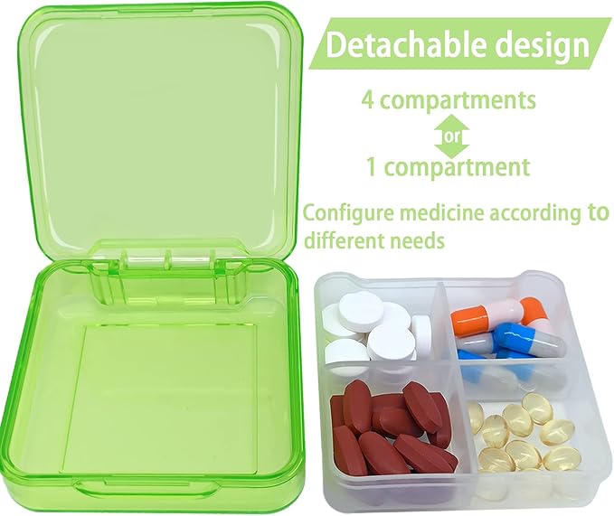 Pill Case for Pocket Travel Pill Organizer Small Pill Box Portable 4 Compartments Removable Medicine Organizer for Vitamin Fish Oil (Grass Green)