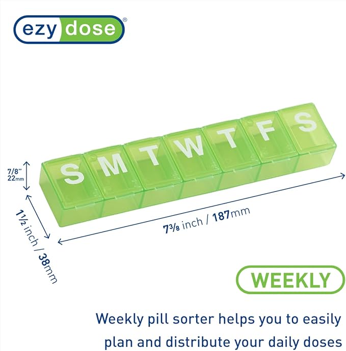 EZY DOSE Weekly (7-Day) Pill Case, Medicine Planner, Vitamin Organizer Box, Convenient and Easy to Use, X-Large Compartments, Travel Friendly, Green, BPA Free
