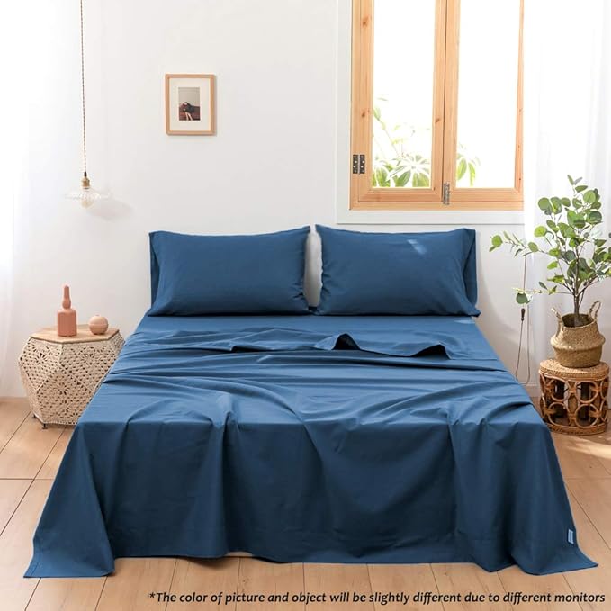 Simple&Opulence Belgian Linen Sheet Set Solid Color - 4 Pieces (1 Flat Sheet, 1 Fitted Sheet & 2 Pillowcases) Natural Flax Cotton Blend Soft Breathable Farmhouse Bedding - King Size, Classic Blue