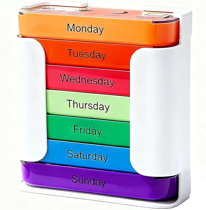 Stay on Track 7-Day Medication Organizer - for Effortless Health Management, Large Weekly Pill Organizer with 4 Times a Day Compartments, Stackable Pill Organizer for Vitamins & Supplements (Colorful)