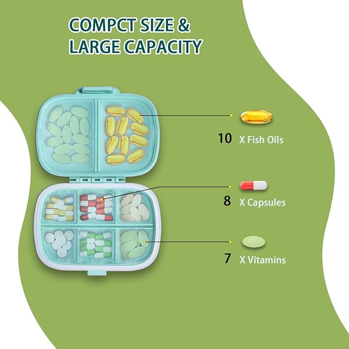 2-Pack 8-Compartment Travel Pill Organizer & Daily Pill Box | Leak-Proof Portable Medicine Container with 81 Replaceable Labels | Compact for Home, Office, Travel (Blue & Green)