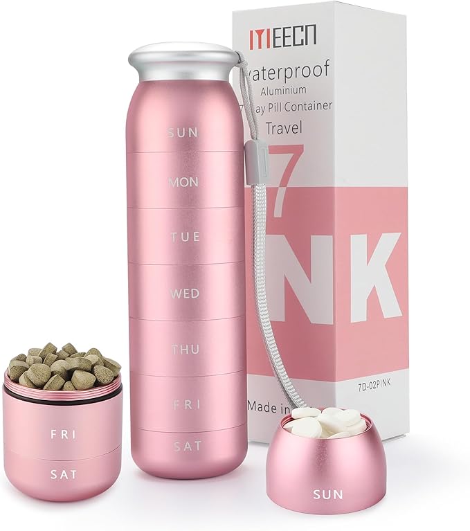 Weekly Pill Organizer, Portable Travel 7 Day, Waterproof Container, Large, Aluminum, Metal, Hold Vitamins, Cod Liver Oil, Supplements and Medications (Pink)
