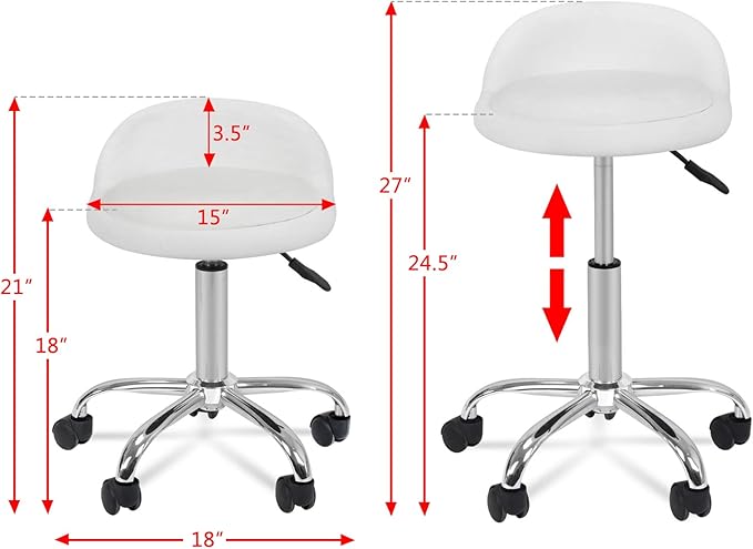 LEMY Rolling Stool Height Adjustable with Back, Swivel Spa Salon Work Office Stools, Task Chair with Wheels, White