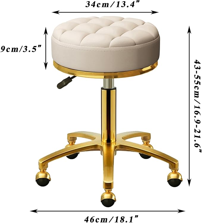 Rolling Stool Gold Vanity Stool with Wheels, Pedicure Massage Roller Stools, PU Leather Round Swivel Salon Spa Chair, Titanium Gold Base, Height Adjustable 43-55 cm (Off White)