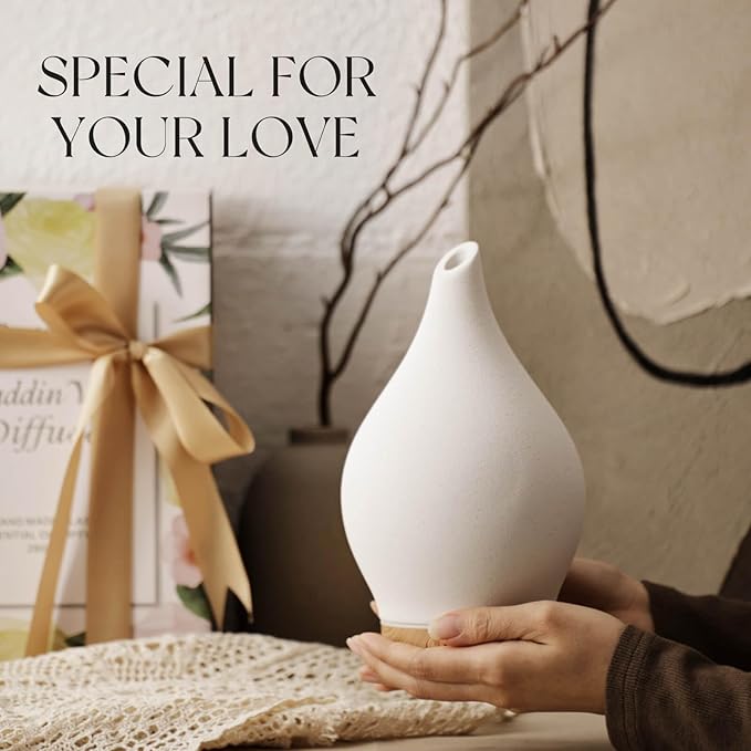 Porseme 150ml Essential Oil Diffuser Ceramic Color Changing Aroma Air Diffusers Aromatherapy Ultrasonic Cool Mist Humidifier 6 Running Hours for Spa Office Sleeping Yoga (White Ceramic)