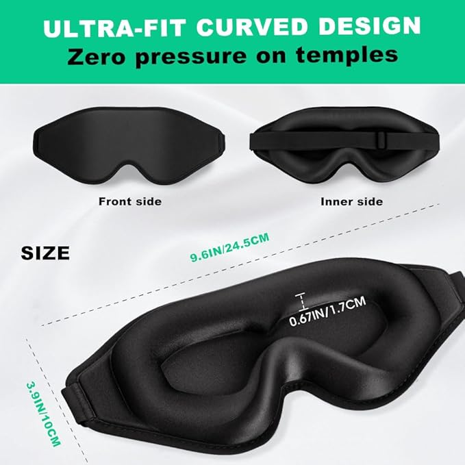 3D Contoured Sleep Eye mask Side Sleeper Men Women Zero Eye Pressure high Density Memory Foam Soft Breathable Light Blocking Night Blindfold Travel Yoga Napping Black
