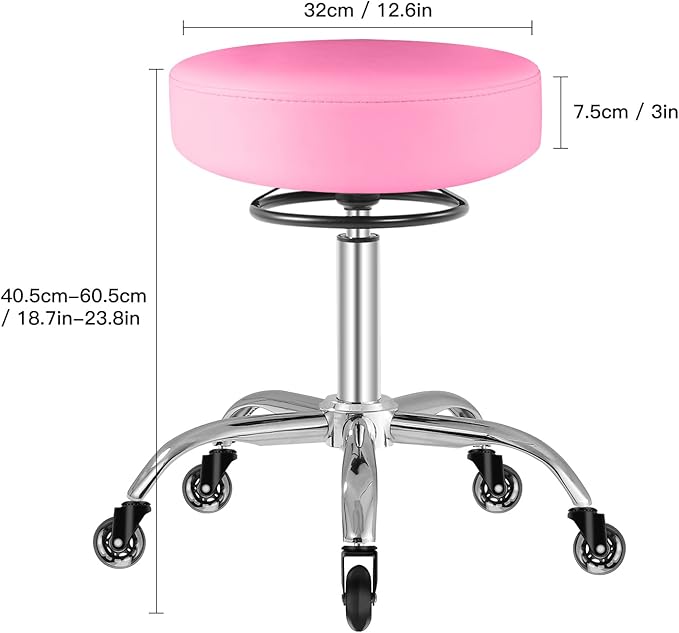 Rolling Stool with Wheels 400lbs Weight Capacity,Heavy Duty Lash Chair Adjustable for Tatoo Lab Massage Salon Spa Drafting Nail Teach,360 Swivel,Leather,Thick Seat Padding (Pink)
